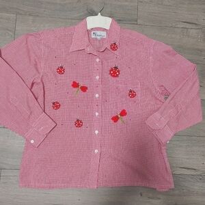Women's Gingham Ladybugs Dragonflies Embroidered Button Down Vintage Shirt MP